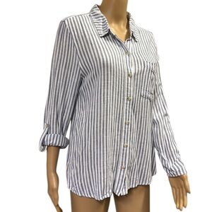 Be Cool Classic Button Down Long Sleeve Pocket Shirt Blue White Striped Medium